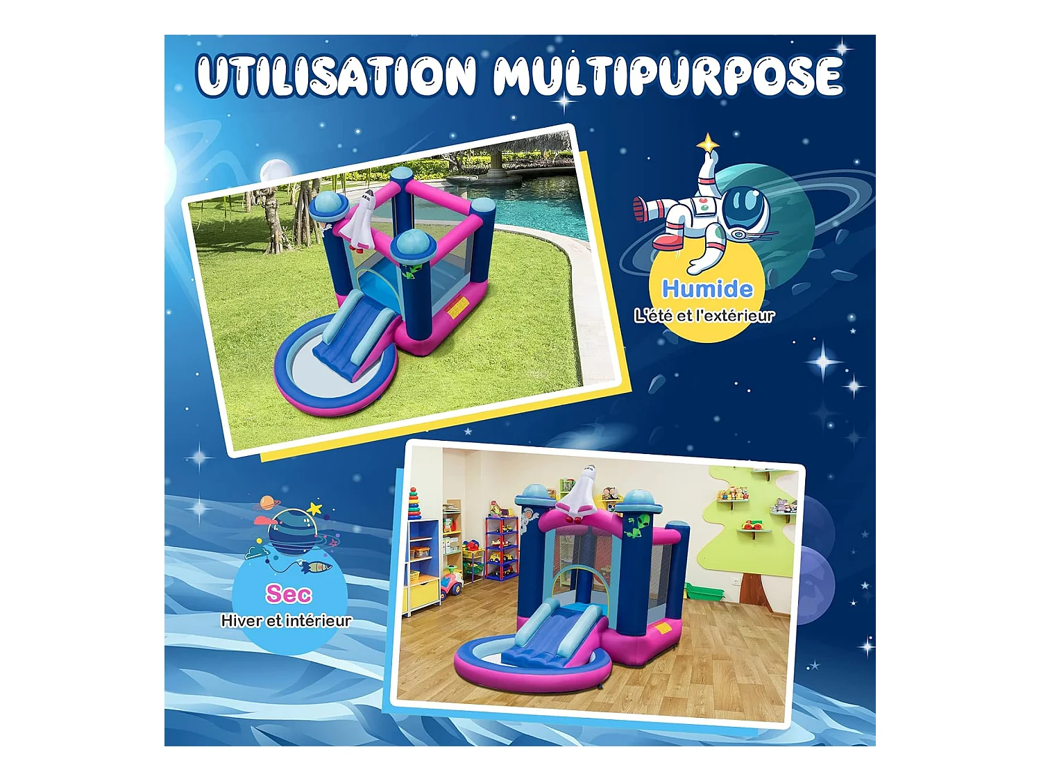 Toboggan Aquatique Gonflable Thème de l'espace avec Gonfleur 480 W Piscine à Eclaboussures Toboggan Portable,Sac de Transport et Piquets