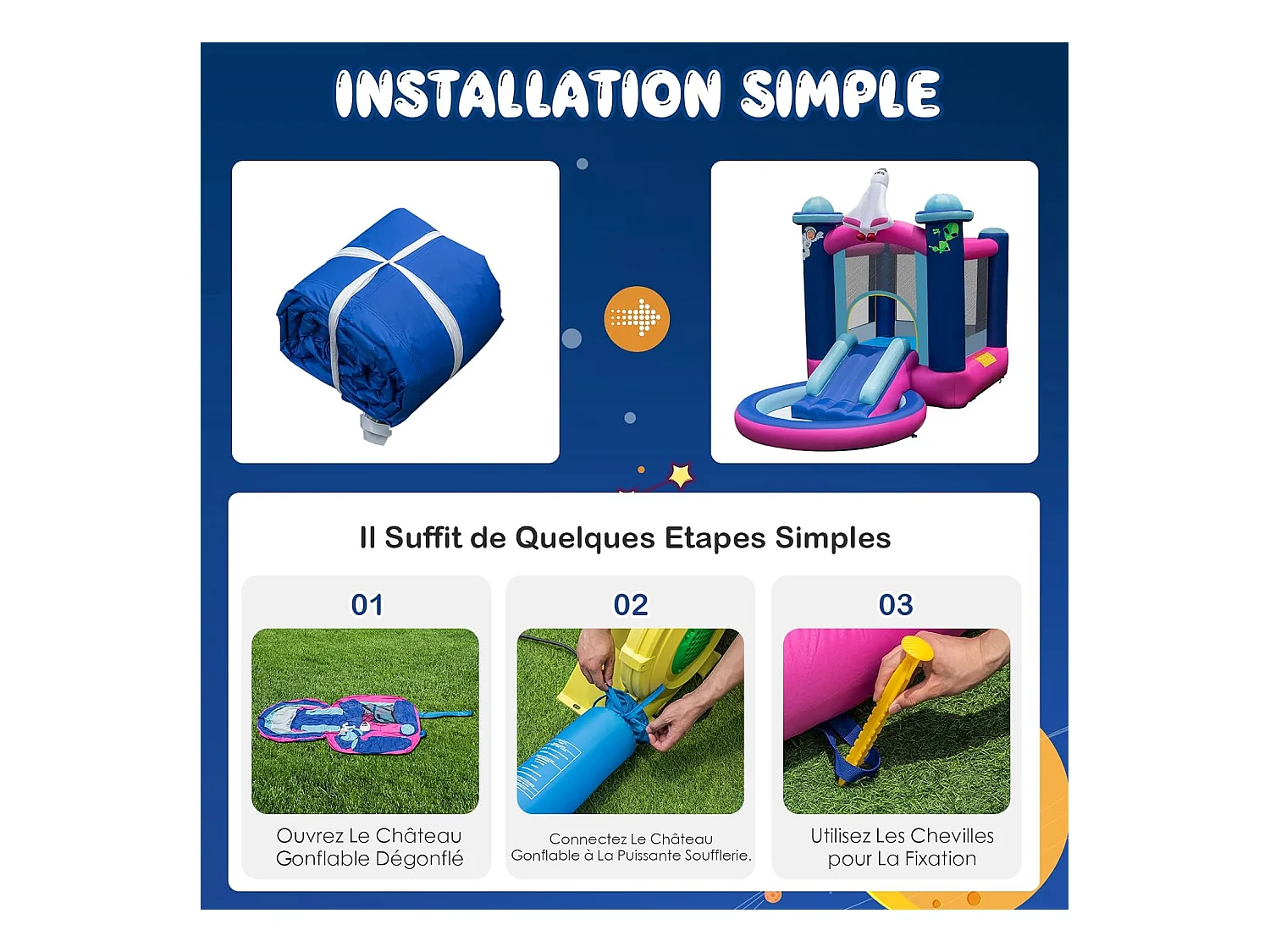 Toboggan Aquatique Gonflable Thème de l'espace avec Gonfleur 480 W Piscine à Eclaboussures Toboggan Portable,Sac de Transport et Piquets
