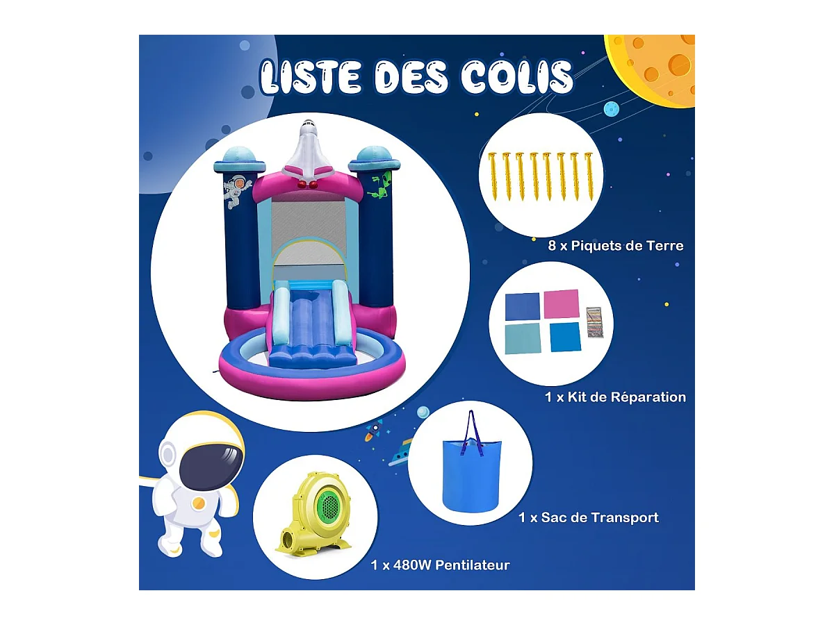 Toboggan Aquatique Gonflable Thème de l'espace avec Gonfleur 480 W Piscine à Eclaboussures Toboggan Portable,Sac de Transport et Piquets