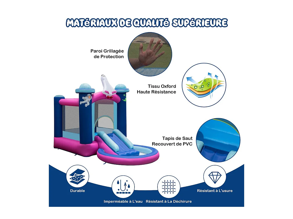 Toboggan Aquatique Gonflable Thème de l'espace avec Gonfleur 480 W Piscine à Eclaboussures Toboggan Portable,Sac de Transport et Piquets