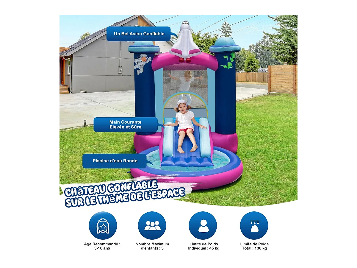 Toboggan Aquatique Gonflable Thème de l'espace avec Gonfleur 480 W Piscine à Eclaboussures Toboggan Portable,Sac de Transport et Piquets