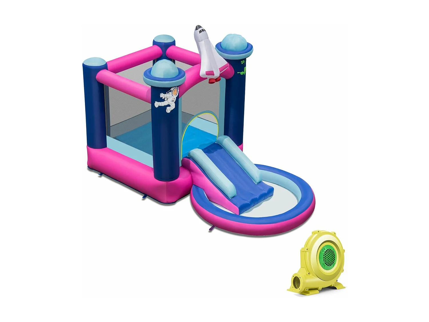 Toboggan Aquatique Gonflable Thème de l'espace avec Gonfleur 480 W Piscine à Eclaboussures Toboggan Portable,Sac de Transport et Piquets