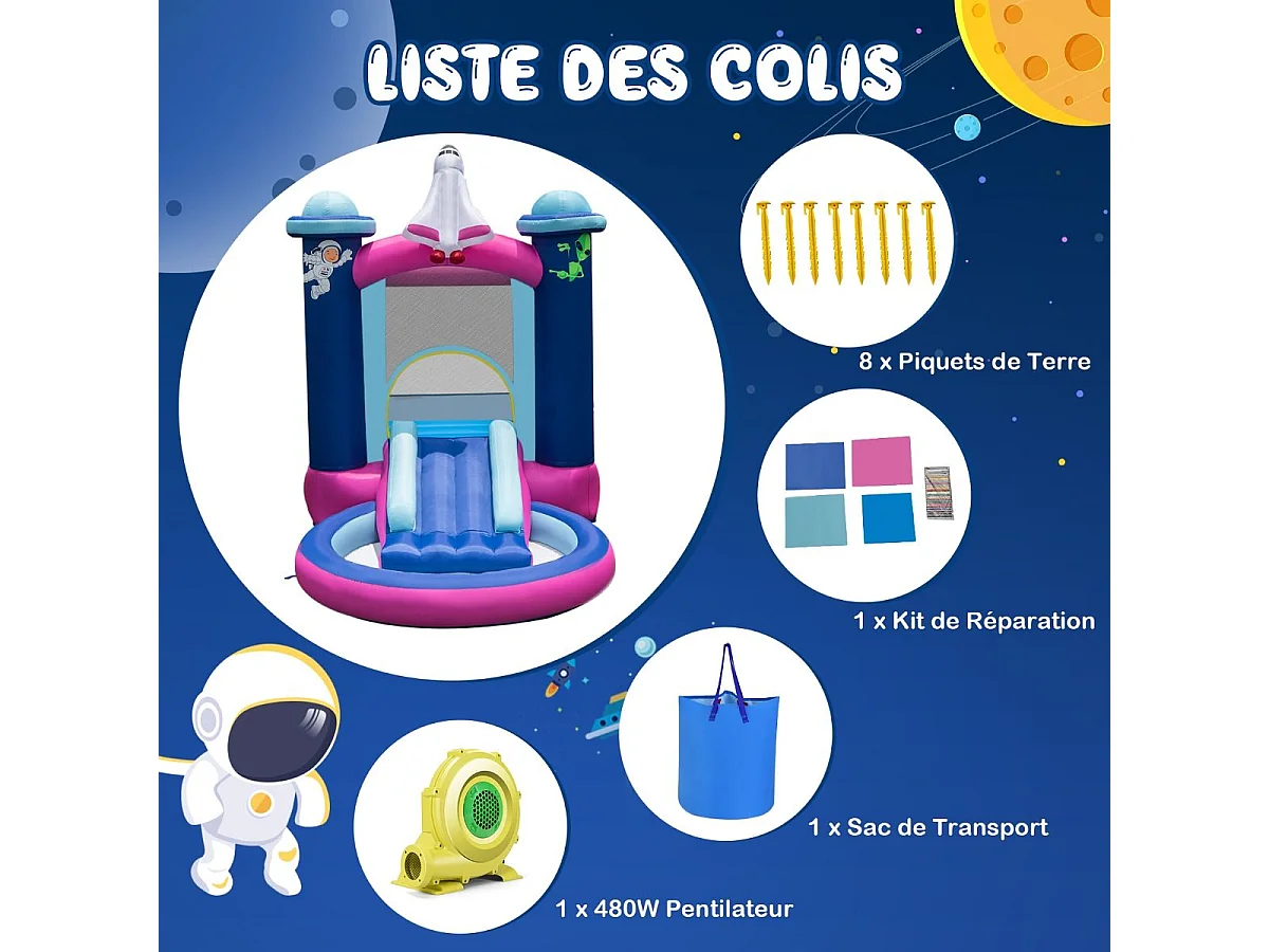 Toboggan Aquatique Gonflable Thème de l'espace avec Gonfleur 480 W Piscine à Eclaboussures Toboggan Portable,Sac de Transport et Piquets