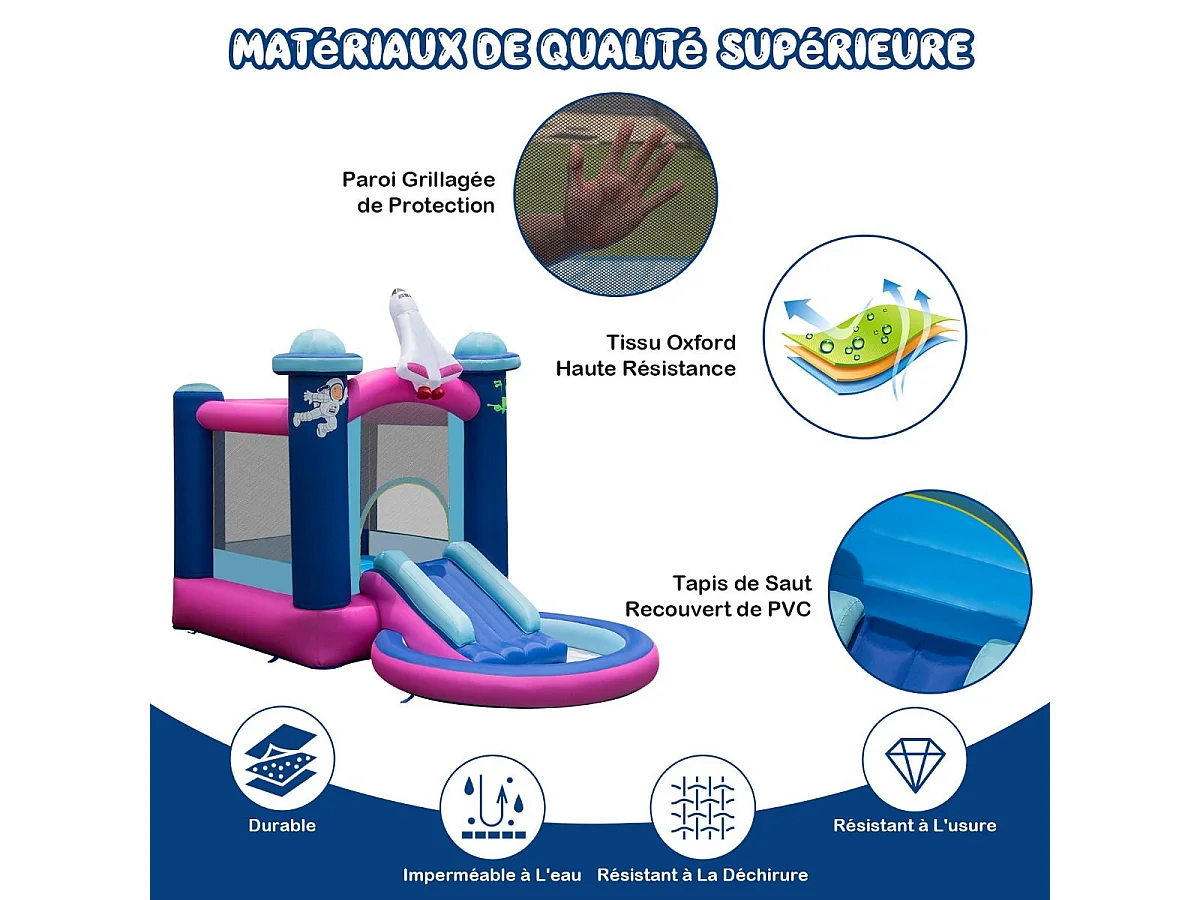 Toboggan Aquatique Gonflable Thème de l'espace avec Gonfleur 480 W Piscine à Eclaboussures Toboggan Portable,Sac de Transport et Piquets