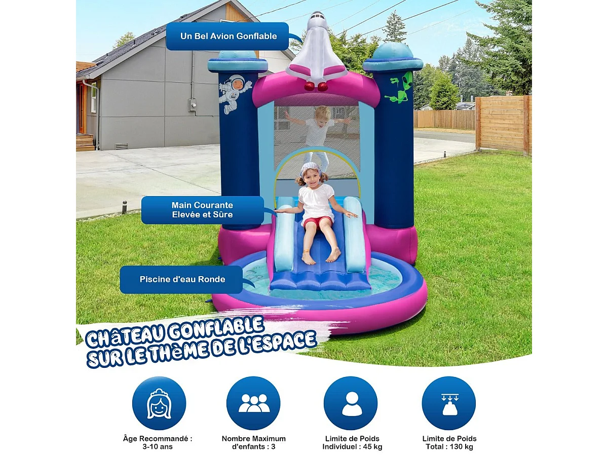 Toboggan Aquatique Gonflable Thème de l'espace avec Gonfleur 480 W Piscine à Eclaboussures Toboggan Portable,Sac de Transport et Piquets