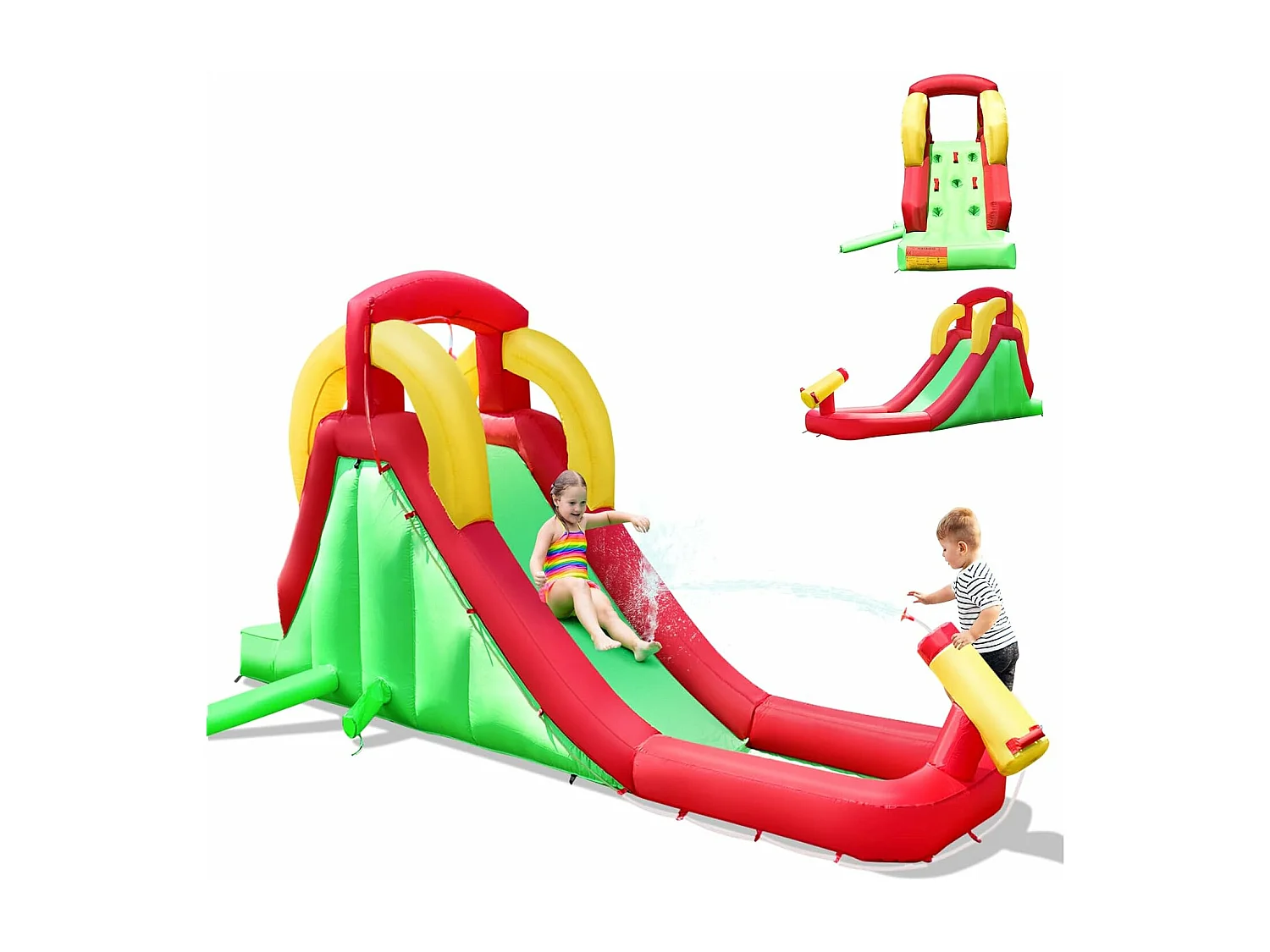 Château Gonflable avec Toboggan & Mur d’Escalade, Aire de Jeu Gonflable pour Enfants avec Toboggan Aquatique, Pataugeoire, et avec Souffleur 350W