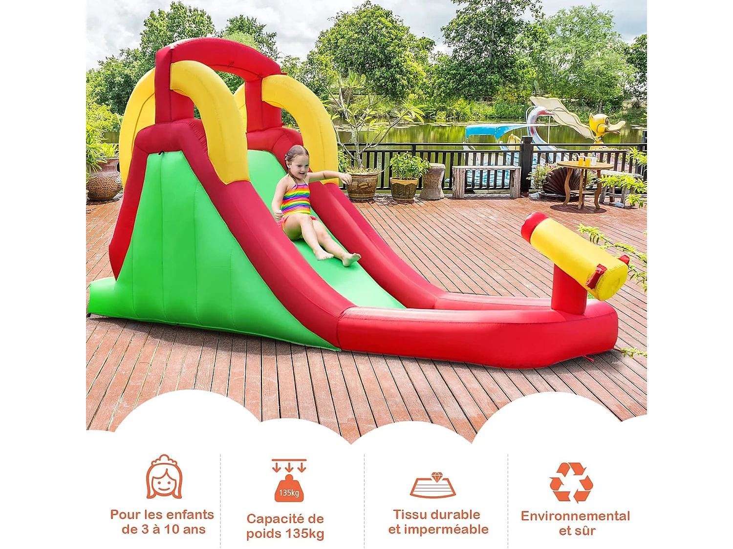 Château Gonflable avec Toboggan & Mur d’Escalade, Aire de Jeu Gonflable pour Enfants avec Toboggan Aquatique, Pataugeoire, et avec Souffleur 350W