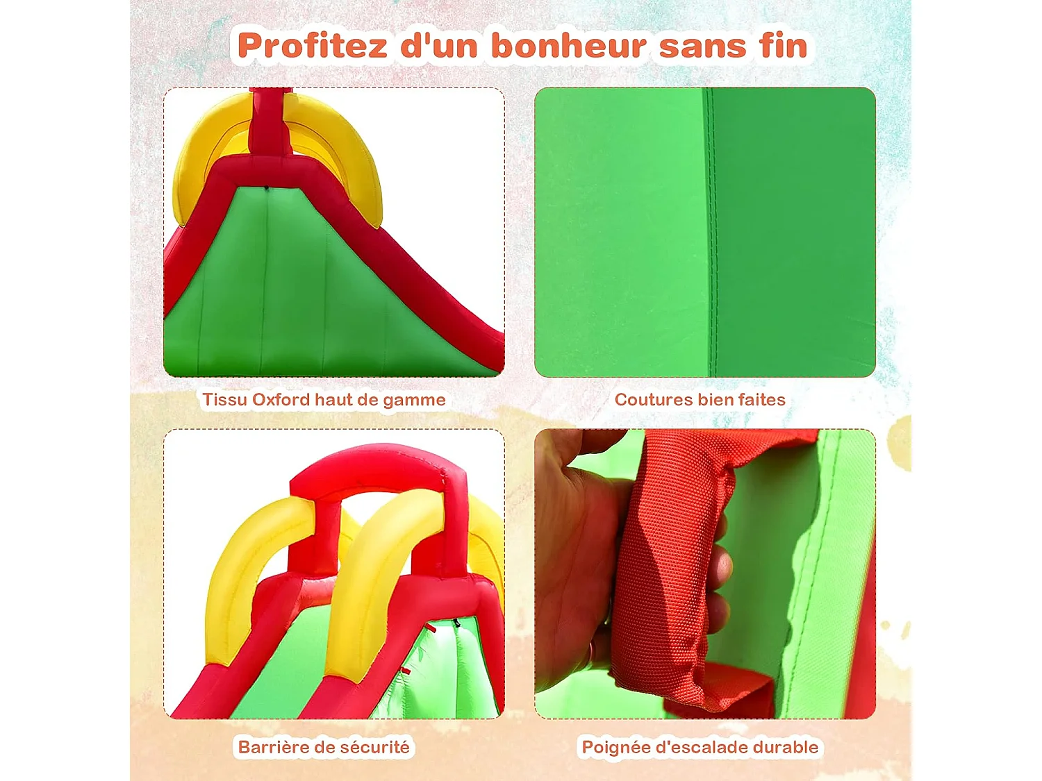 Château Gonflable avec Toboggan & Mur d’Escalade, Aire de Jeu Gonflable pour Enfants avec Toboggan Aquatique, Pataugeoire, et avec Souffleur 350W