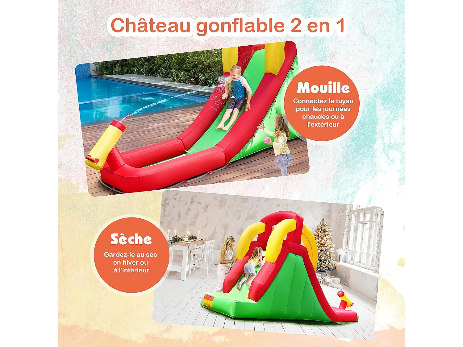Château Gonflable avec Toboggan & Mur d’Escalade, Aire de Jeu Gonflable pour Enfants avec Toboggan Aquatique, Pataugeoire, et avec Souffleur 350W
