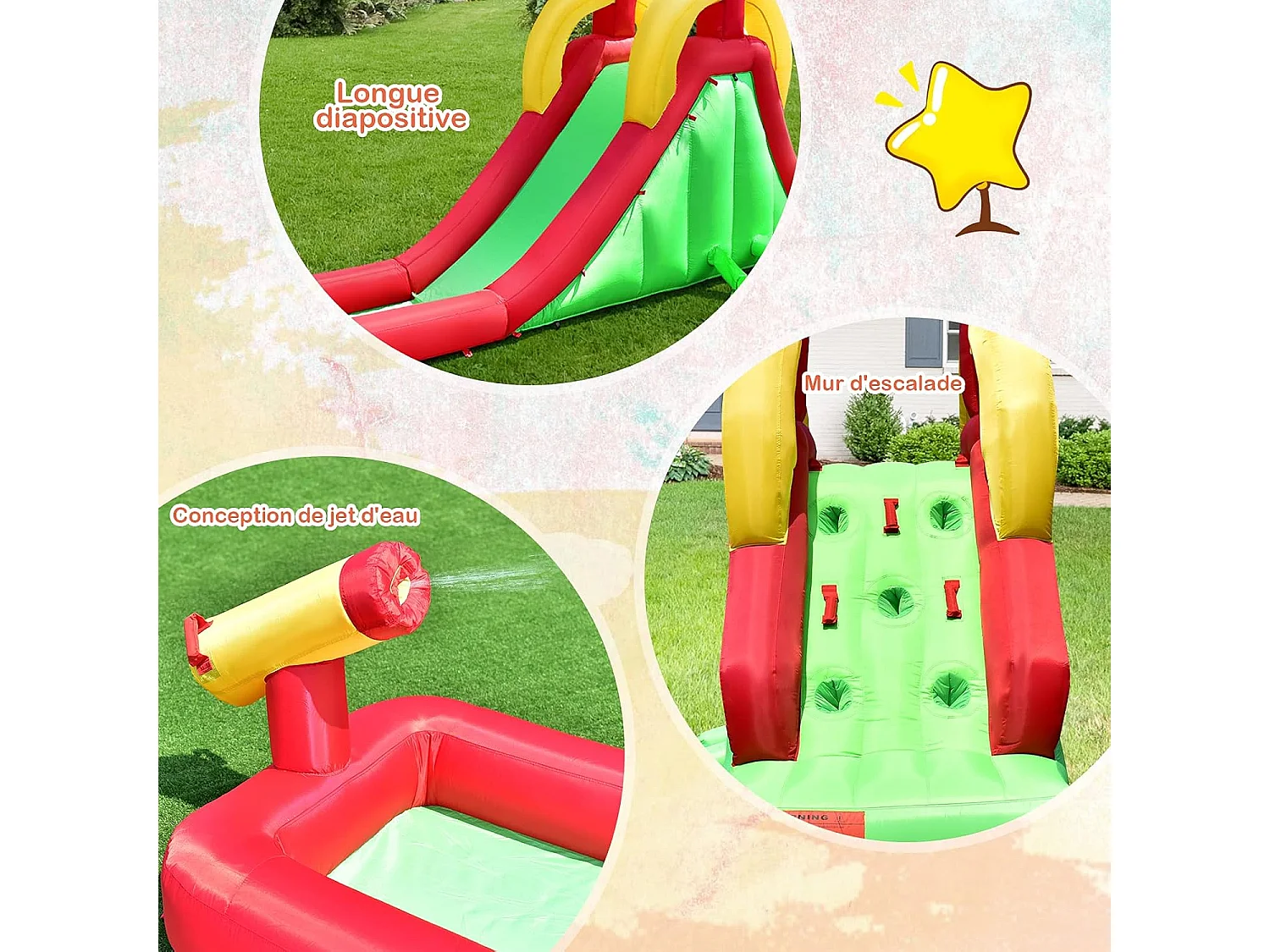 Château Gonflable avec Toboggan & Mur d’Escalade, Aire de Jeu Gonflable pour Enfants avec Toboggan Aquatique, Pataugeoire, et avec Souffleur 350W