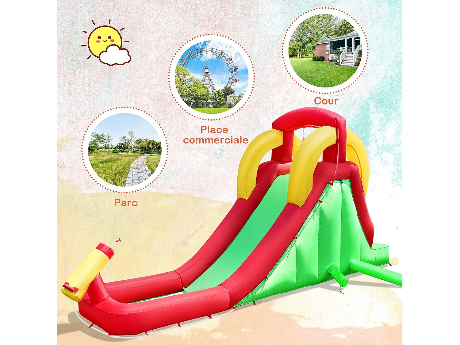 Château Gonflable avec Toboggan & Mur d’Escalade, Aire de Jeu Gonflable pour Enfants avec Toboggan Aquatique, Pataugeoire, et avec Souffleur 350W