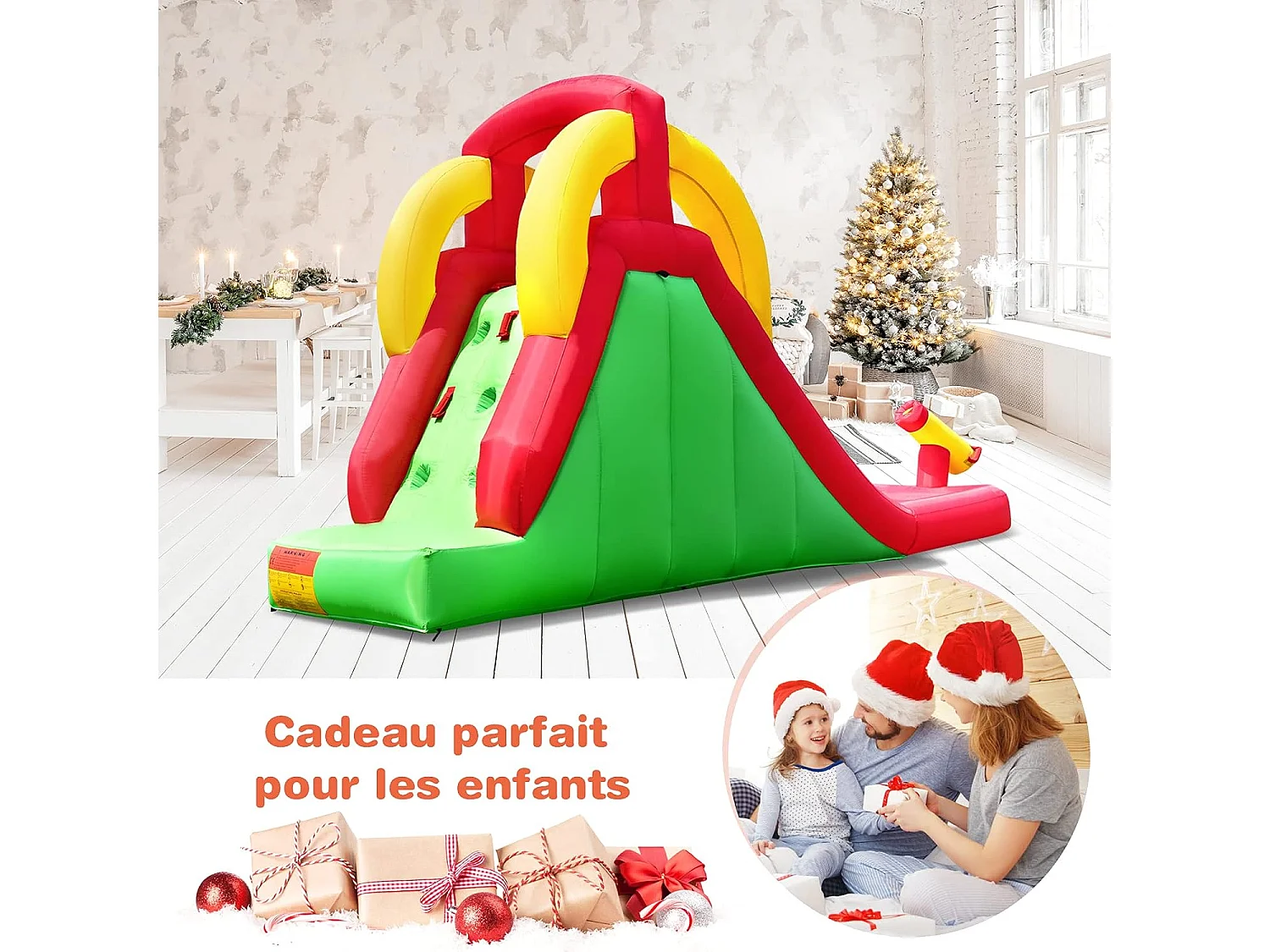 Château Gonflable avec Toboggan & Mur d’Escalade, Aire de Jeu Gonflable pour Enfants avec Toboggan Aquatique, Pataugeoire, et avec Souffleur 350W