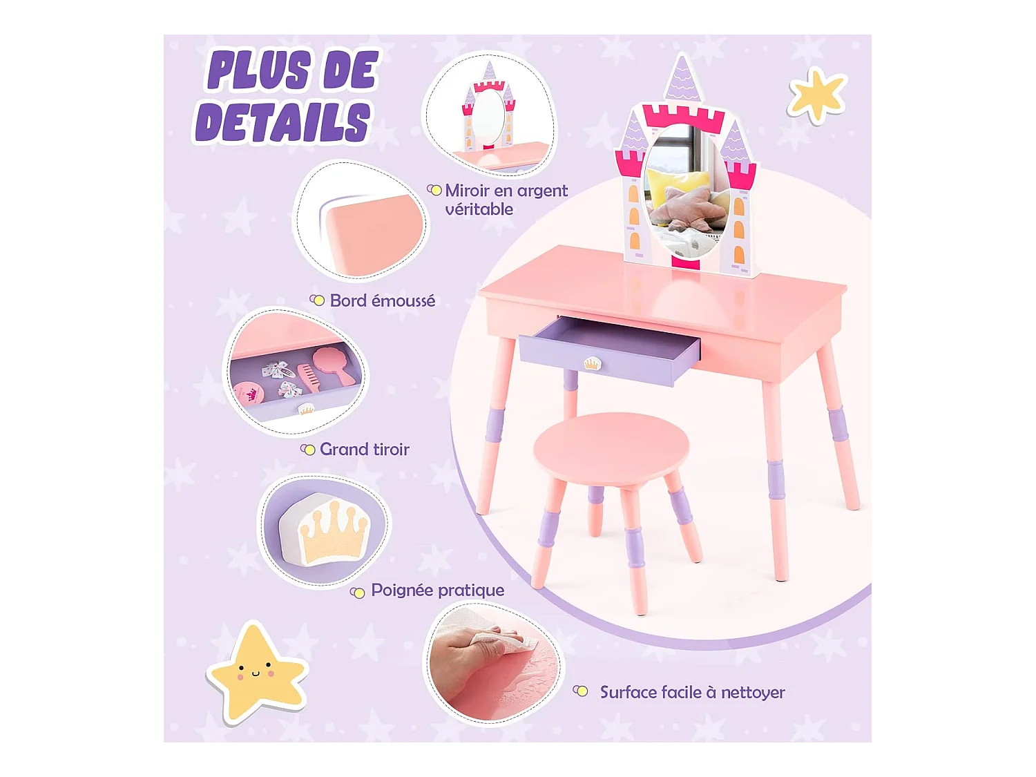 2 en 1 Coiffeuse Enfants sur Thème du Château avec Tabouret,Table d’Etude de 3 Ans+