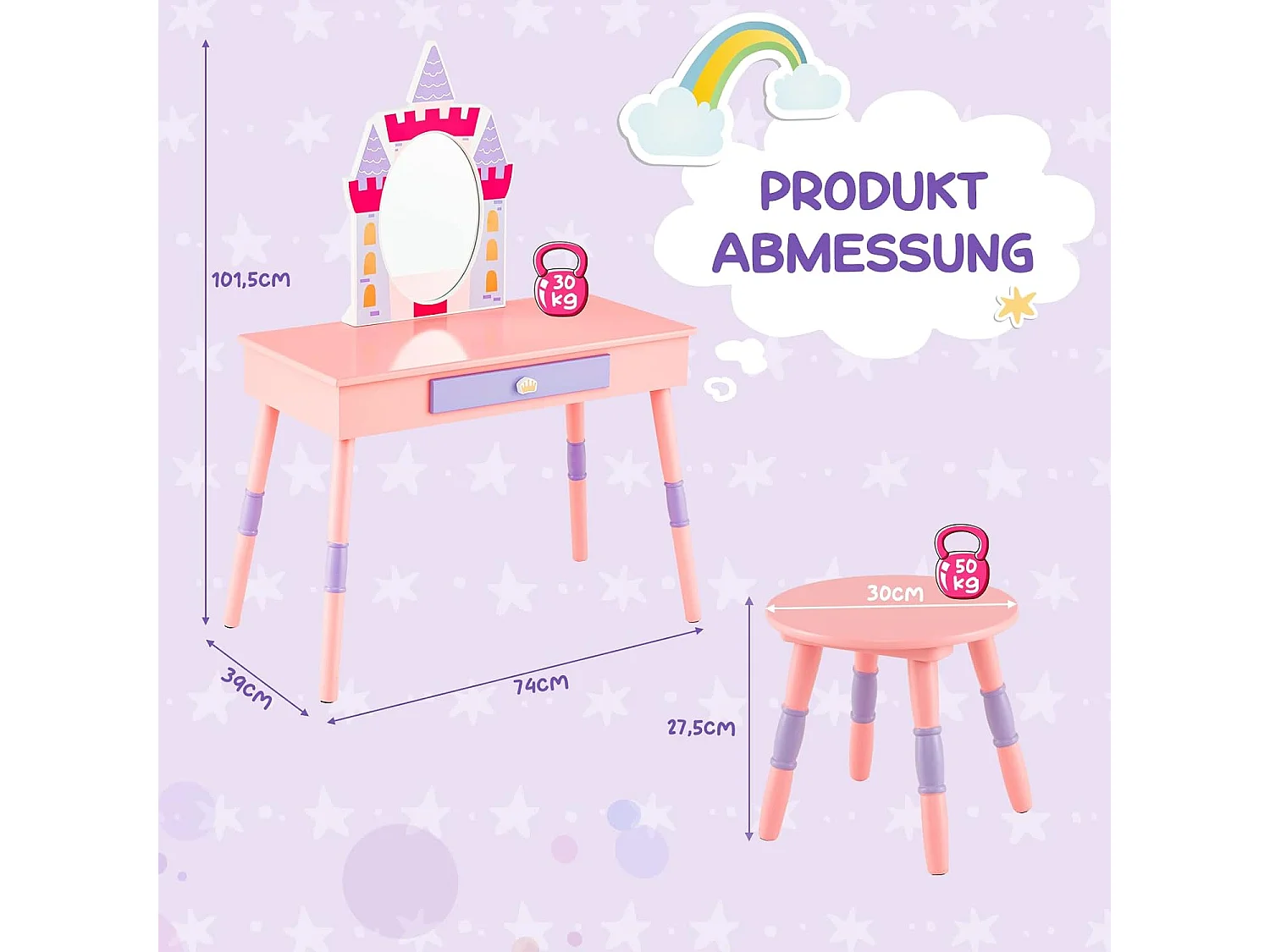 2 en 1 Coiffeuse Enfants sur Thème du Château avec Tabouret,Table d’Etude de 3 Ans+