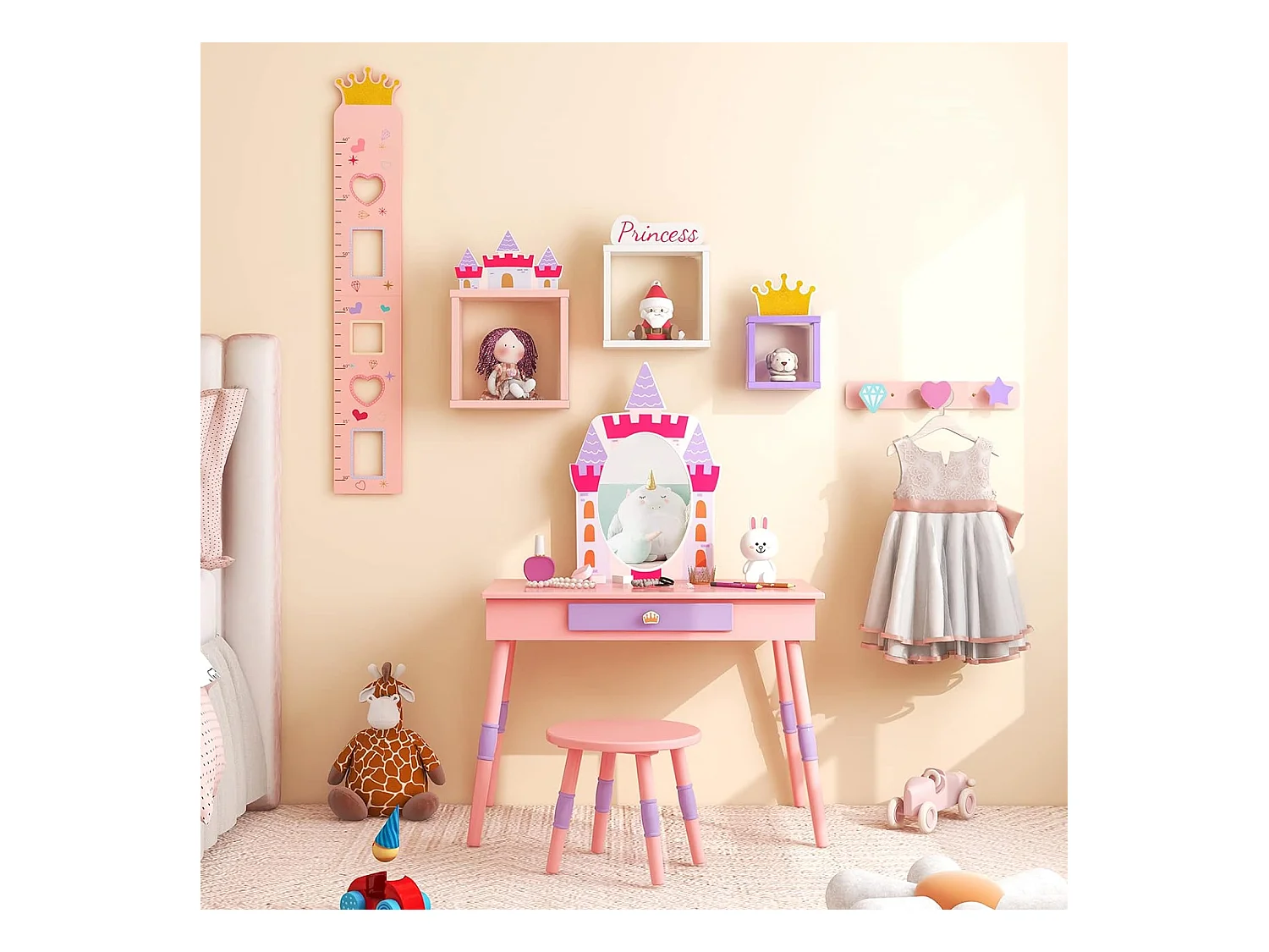 2 en 1 Coiffeuse Enfants sur Thème du Château avec Tabouret,Table d’Etude de 3 Ans+