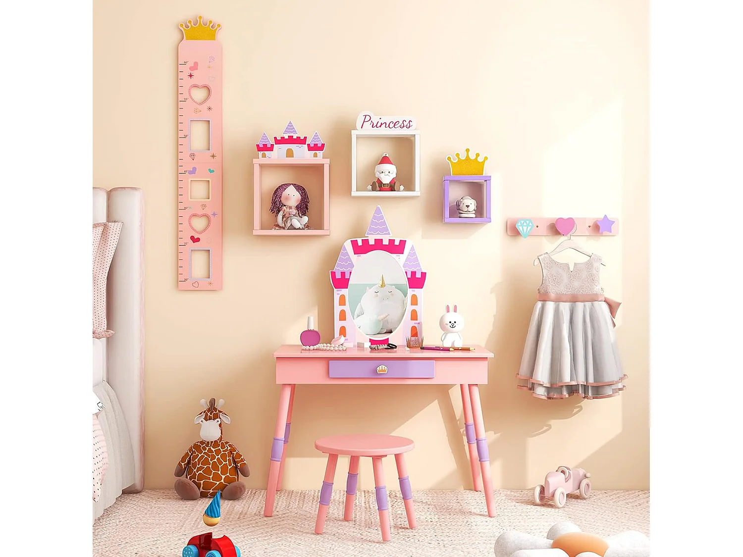 2 en 1 Coiffeuse Enfants sur Thème du Château avec Tabouret,Table d’Etude de 3 Ans+