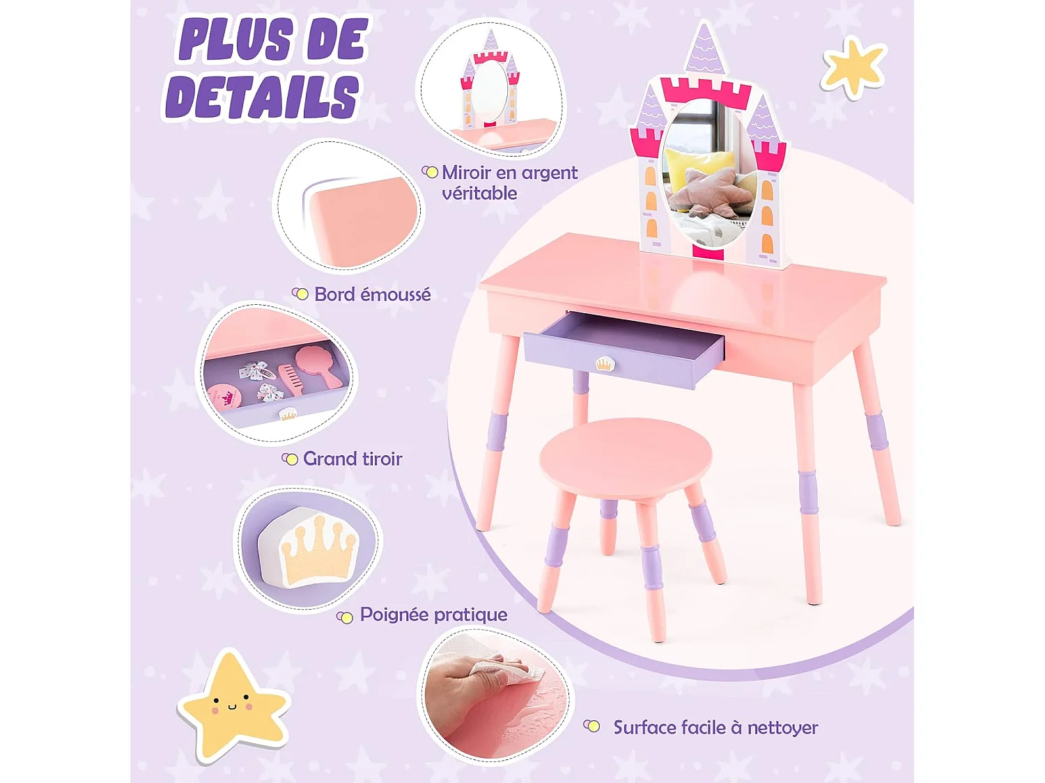 2 en 1 Coiffeuse Enfants sur Thème du Château avec Tabouret,Table d’Etude de 3 Ans+