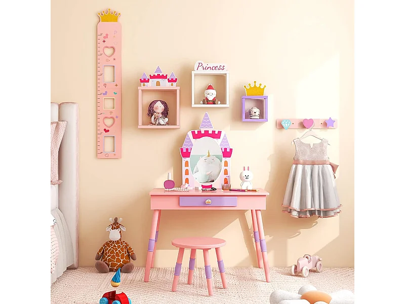 2 en 1 Coiffeuse Enfants sur Thème du Château avec Tabouret,Table d’Etude de 3 Ans+