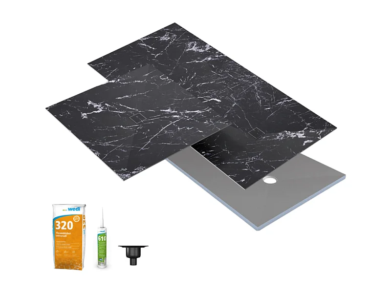 Receveur de douche à carreler 90 x 90 WEDI Fundo Primo + revêtement Top marble black + colle + bonde verticale + kit étancheité