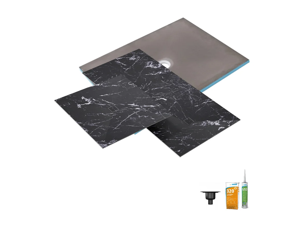 Receveur de douche à carreler 90 x 90 WEDI Fundo Primo + revêtement Top marble black + colle + bonde verticale + kit étancheité