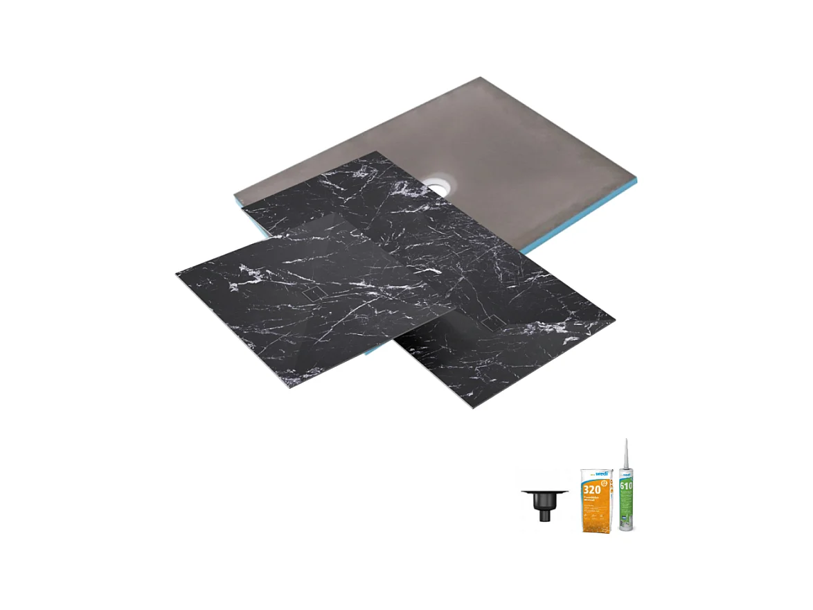 Receveur de douche à carreler 90 x 90 WEDI Fundo Primo + revêtement Top marble black + colle + bonde verticale + kit étancheité