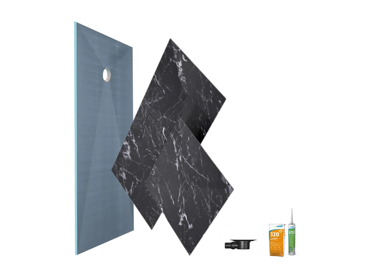 Receveur de douche à carreler 120 x 90 WEDI Fundo primo + revêtement Top marble black + colle + bonde horizontale + kit étancheité