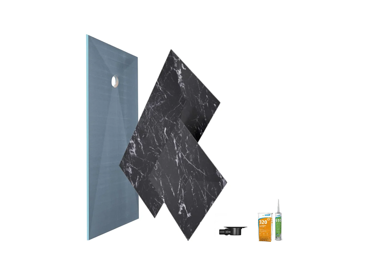 Receveur de douche à carreler 120 x 90 WEDI Fundo primo + revêtement Top marble black + colle + bonde horizontale + kit étancheité