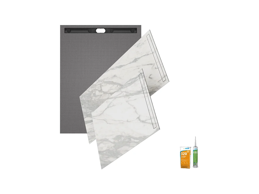 Receveur de douche à carreler 180 x 90 WEDI Fundo Riolito Neo + revêtement Top marble white + colle
