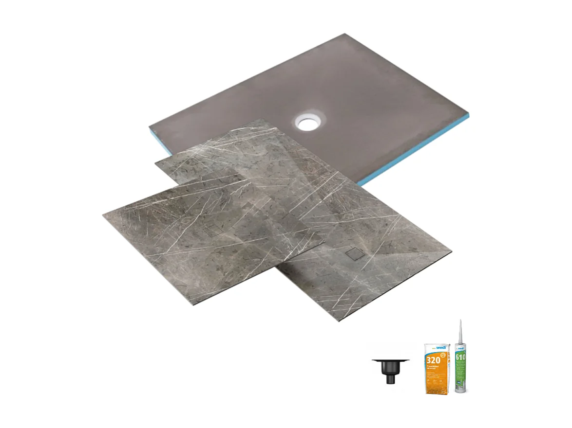 Receveur de douche à carreler 90 x 90 WEDI Fundo Primo + revêtement Top marble grey brown + colle + bonde verticale + kit étanche
