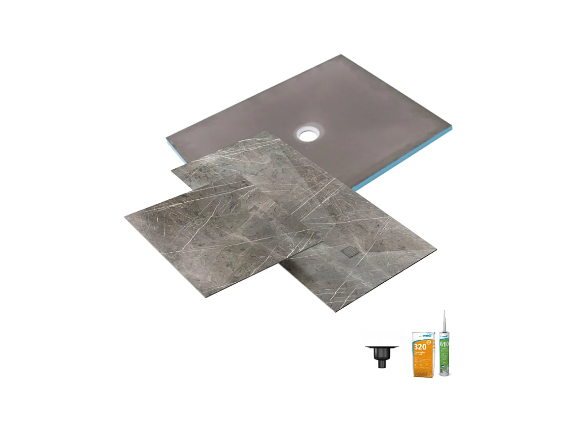 Receveur de douche à carreler 90 x 90 WEDI Fundo Primo + revêtement Top marble grey brown + colle + bonde verticale + kit étanche