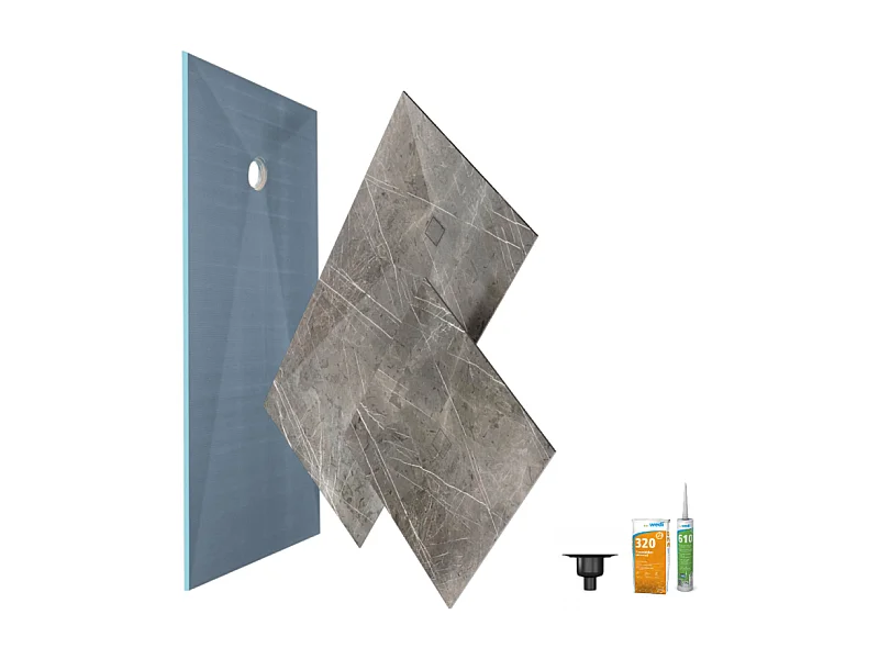Receveur de douche à carreler 120 x 90 WEDI Fundo primo + revêtement Top marble grey brown + colle + bonde verticale + kit étanche