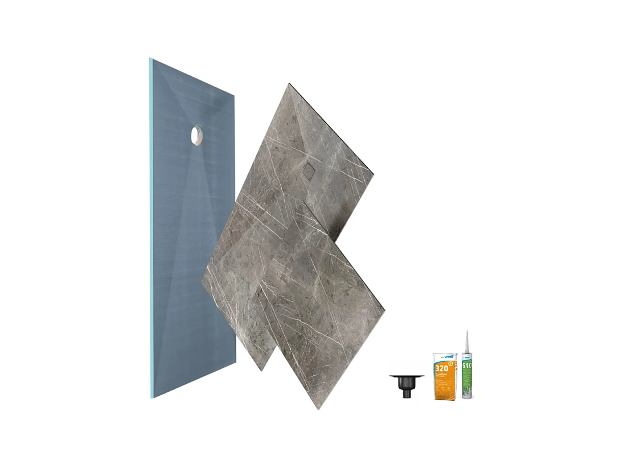 Receveur de douche à carreler 120 x 90 WEDI Fundo primo + revêtement Top marble grey brown + colle + bonde verticale + kit étanche