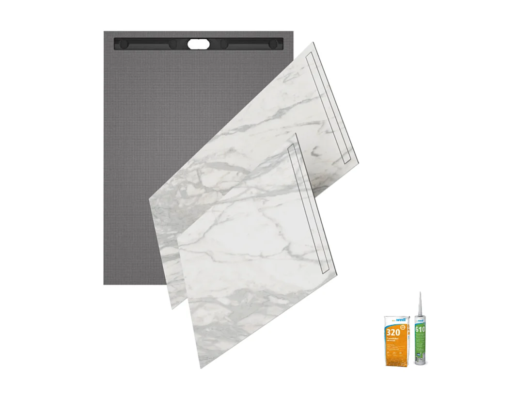 Receveur de douche à carreler 120 x 90 WEDI Fundo riolito neo + revêtement Top marble white + colle