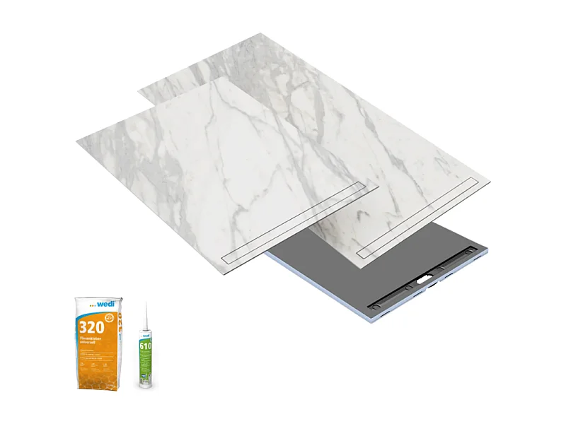 Receveur de douche à carreler 120 x 90 WEDI Fundo riolito neo + revêtement Top marble white + colle