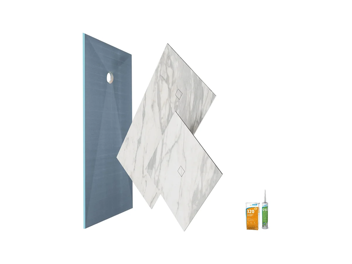 Receveur de douche à carreler 180 x 90 WEDI Fundo primo + revêtement Top marble white + colle