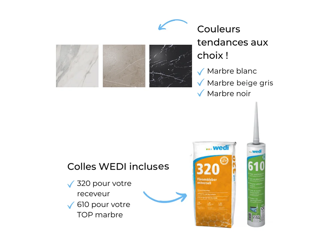 Receveur de douche à carreler 180 x 90 WEDI Fundo primo + revêtement Top marble white + colle