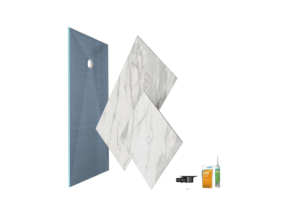 Receveur de douche à carreler 180 x 90 WEDI Fundo primo + revêtement Top marble white + colle + bonde horizontale + kit étancheité