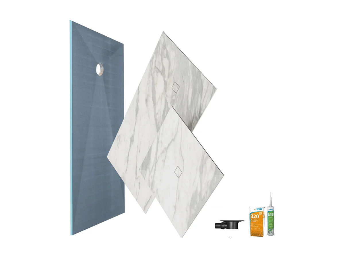 Receveur de douche à carreler 180 x 90 WEDI Fundo primo + revêtement Top marble white + colle + bonde horizontale + kit étancheité