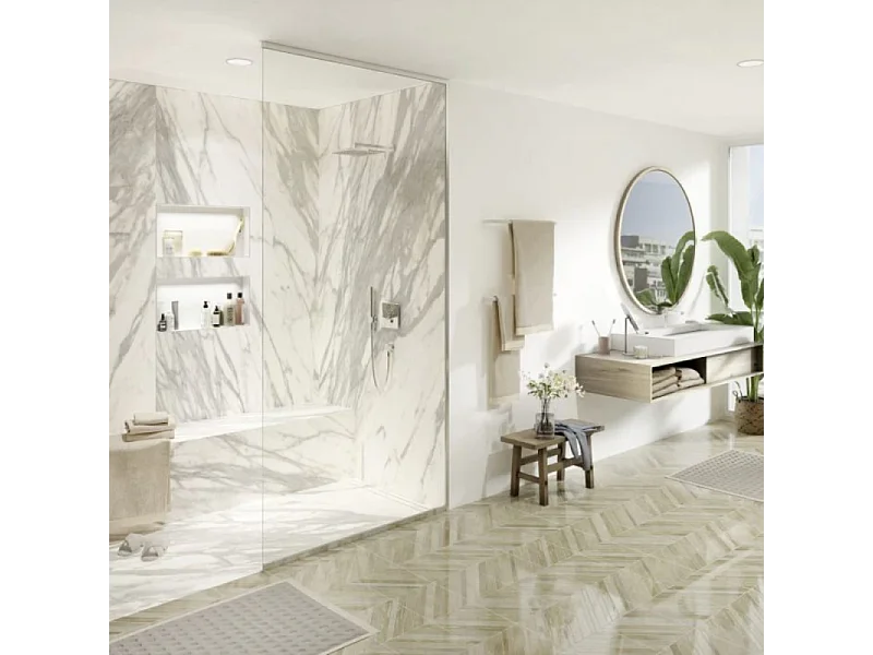 Receveur de douche à carreler 180 x 90 WEDI Fundo primo + revêtement Top marble white + colle + bonde horizontale + kit étancheité