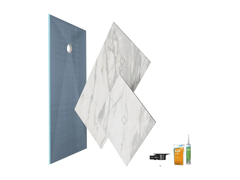 Receveur de douche à carreler 180 x 90 WEDI Fundo primo + revêtement Top marble white + colle + bonde horizontale + kit étancheité