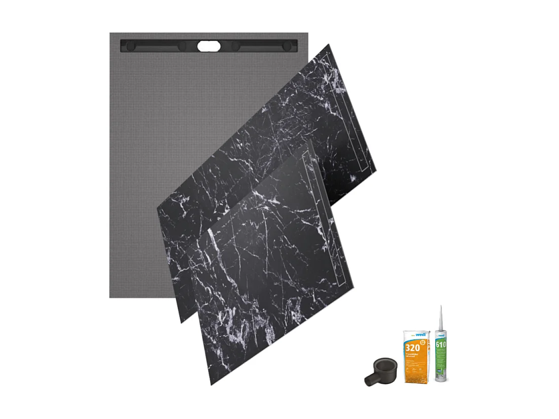 Receveur à carreler 120 x 90 WEDI Fundo riolito neo + revêtement Top marble black + colle +ecoulement horizontal+kit étanche