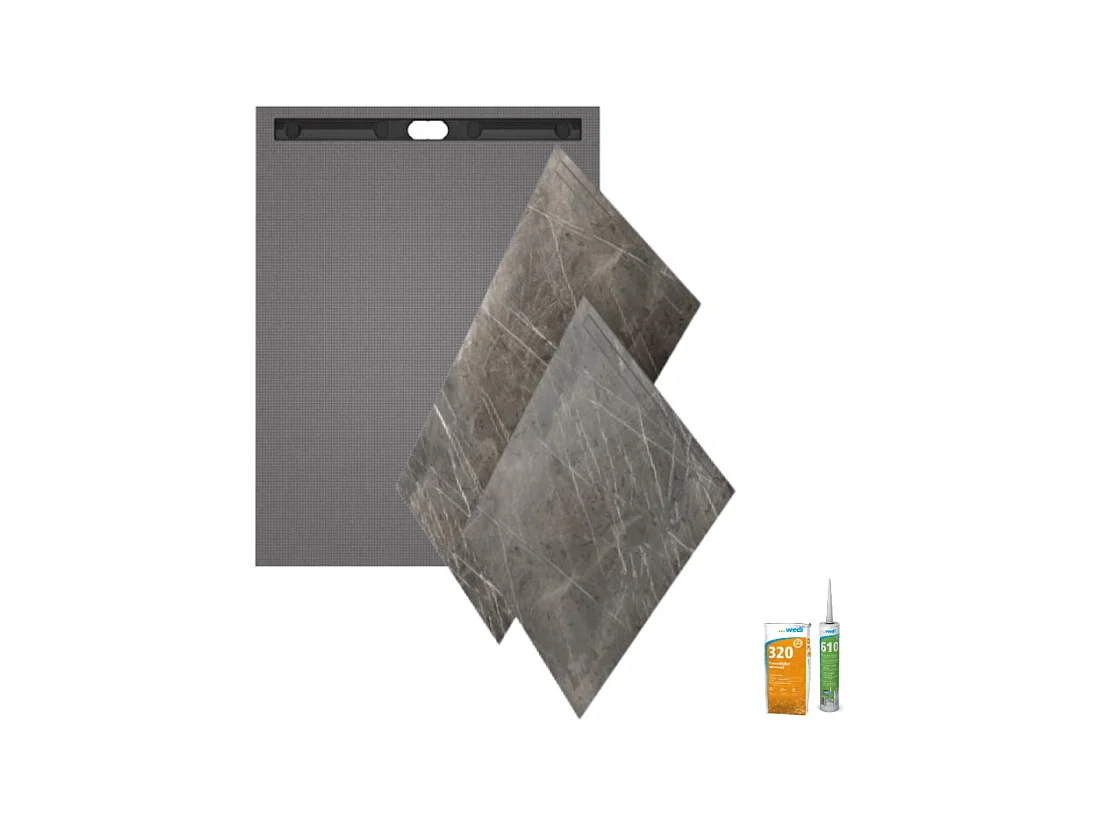 Receveur de douche à carreler 160 x 100 WEDI Fundo Riolito Neo + revêtement Top marble grey brown + colle