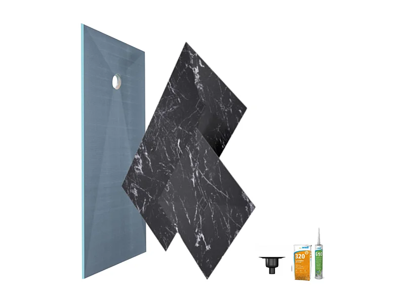 Receveur de douche à carreler 120 x 90 WEDI Fundo primo + revêtement Top marble black + colle + bonde verticale + kit étancheité