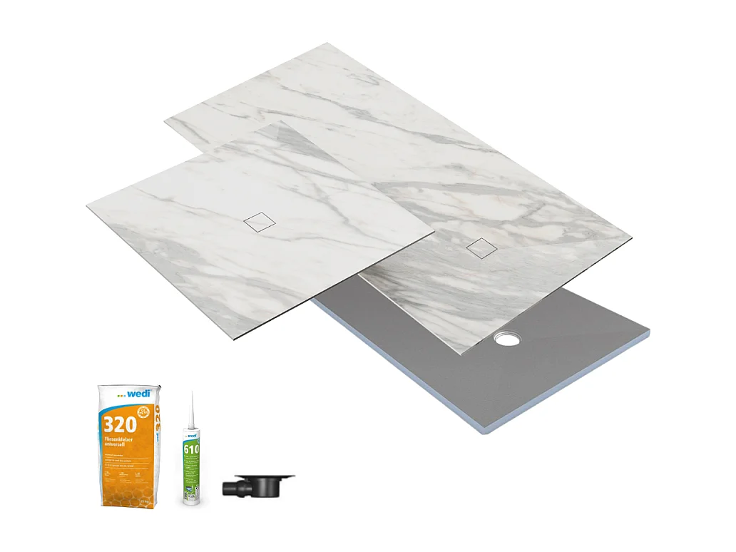 Receveur de douche à carreler 120 x 90 WEDI Fundo primo + revêtement Top marble white + colle + bonde horizontale + kit étancheité