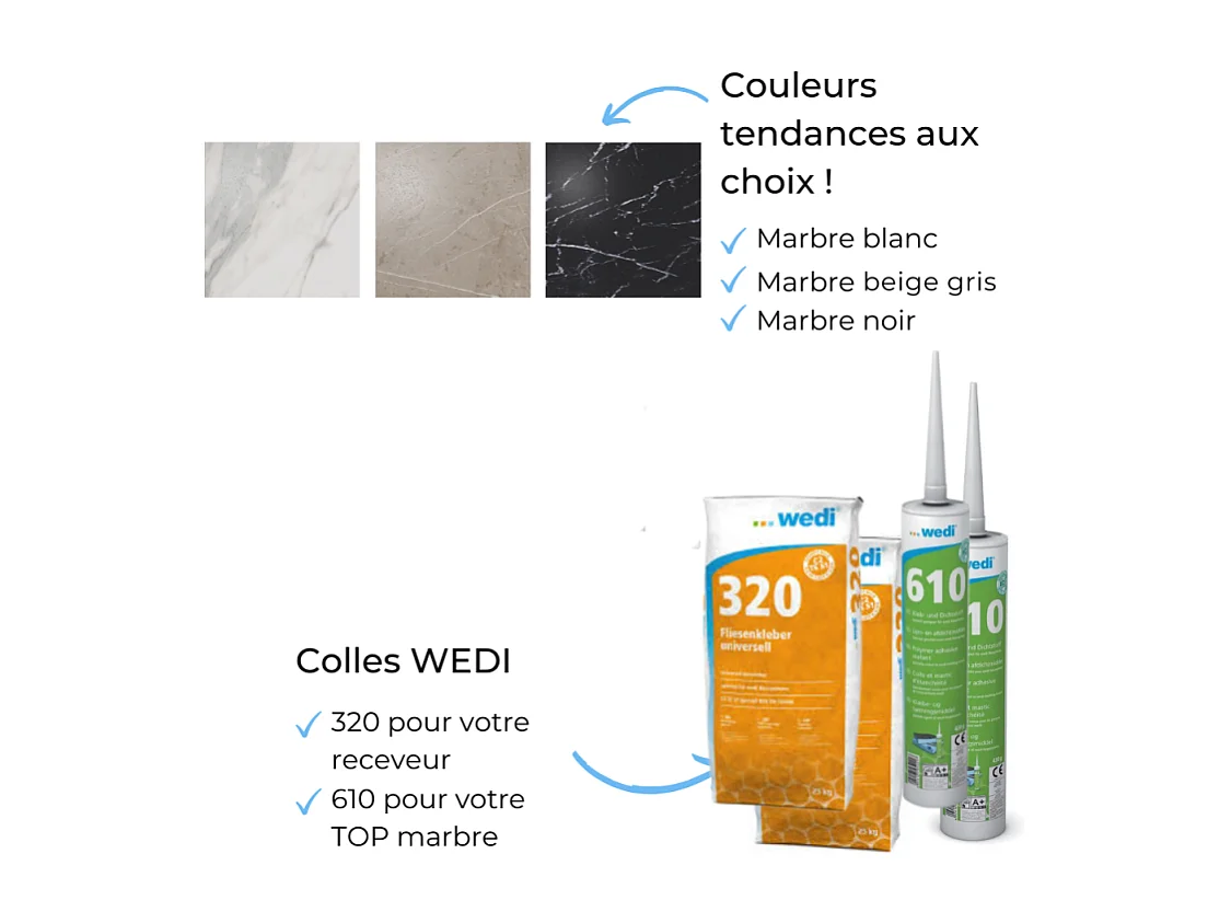 Receveur à carreler 160 x 100 WEDI Fundo Riolito Neo + revêtement Top marble white + colle +ecoulement horizontal+kit étancheité