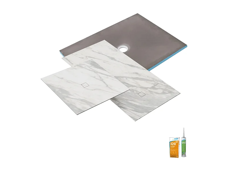 Receveur de douche à carreler 90 x 90 WEDI Fundo Primo + revêtement Top marble white + colle