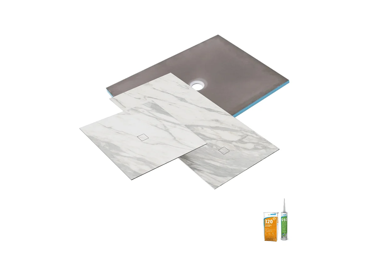 Receveur de douche à carreler 90 x 90 WEDI Fundo Primo + revêtement Top marble white + colle
