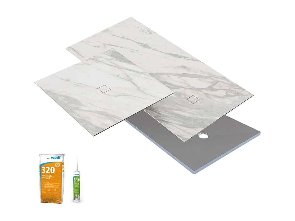 Receveur de douche à carreler 90 x 90 WEDI Fundo Primo + revêtement Top marble white + colle