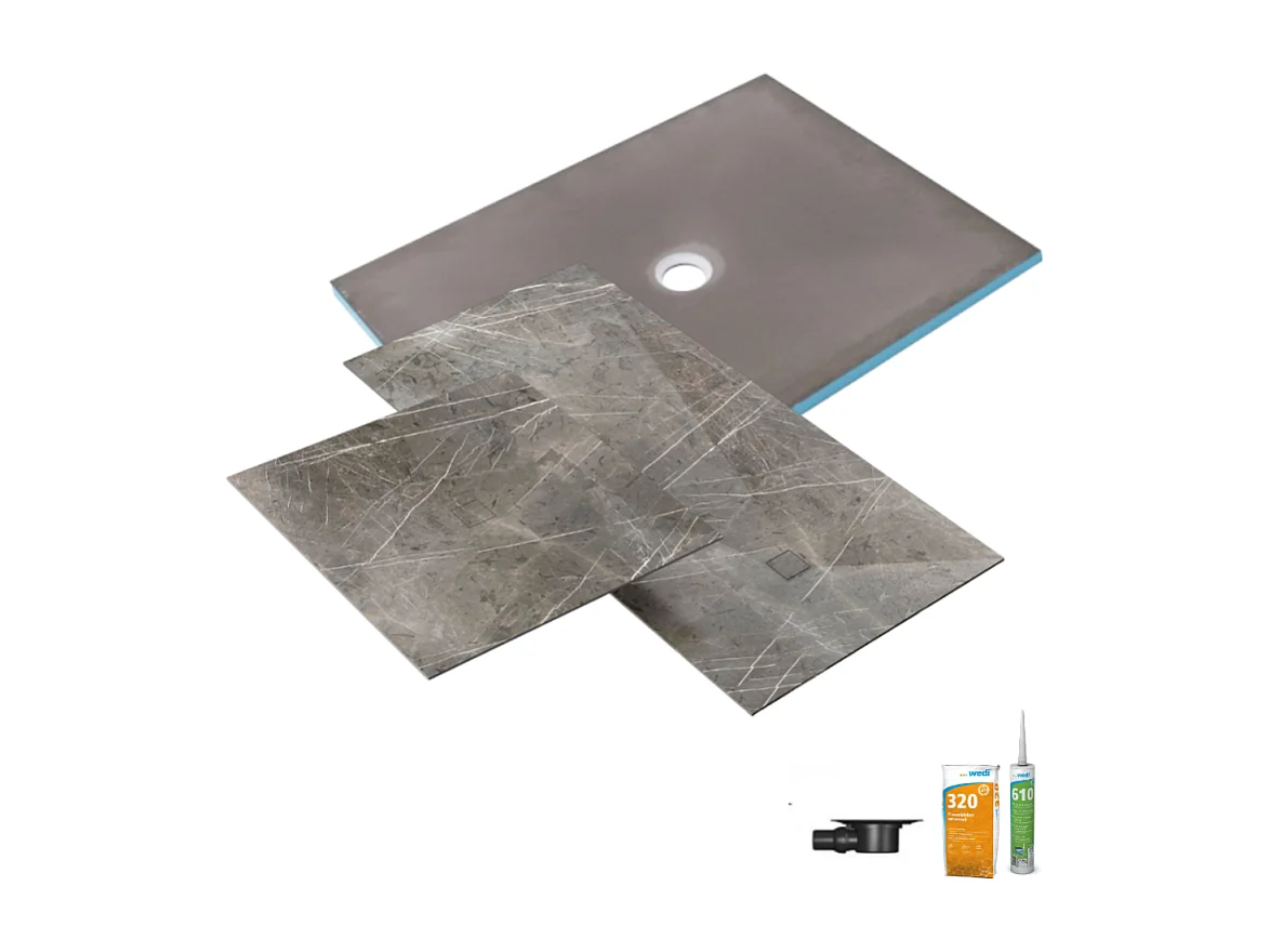 Receveur de douche à carreler 90 x 90 WEDI Fundo Primo + revêtement Top marble grey brown + colle +bonde horizontale+kit étanche