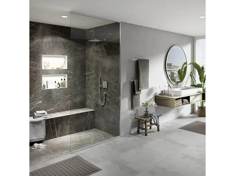 Receveur de douche à carreler 90 x 90 WEDI Fundo Primo + revêtement Top marble grey brown + colle +bonde horizontale+kit étanche